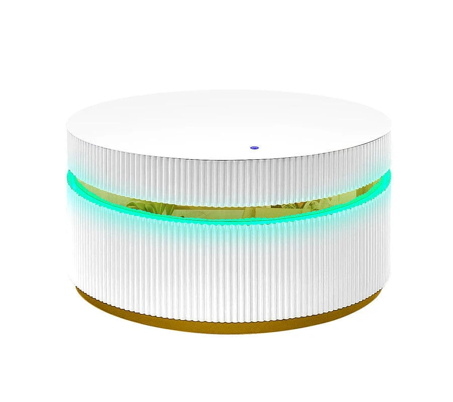 طاولة قهوة دائرية 39 بوصة باللون الأبيض مع سطح زجاجي وإضاءة LED.